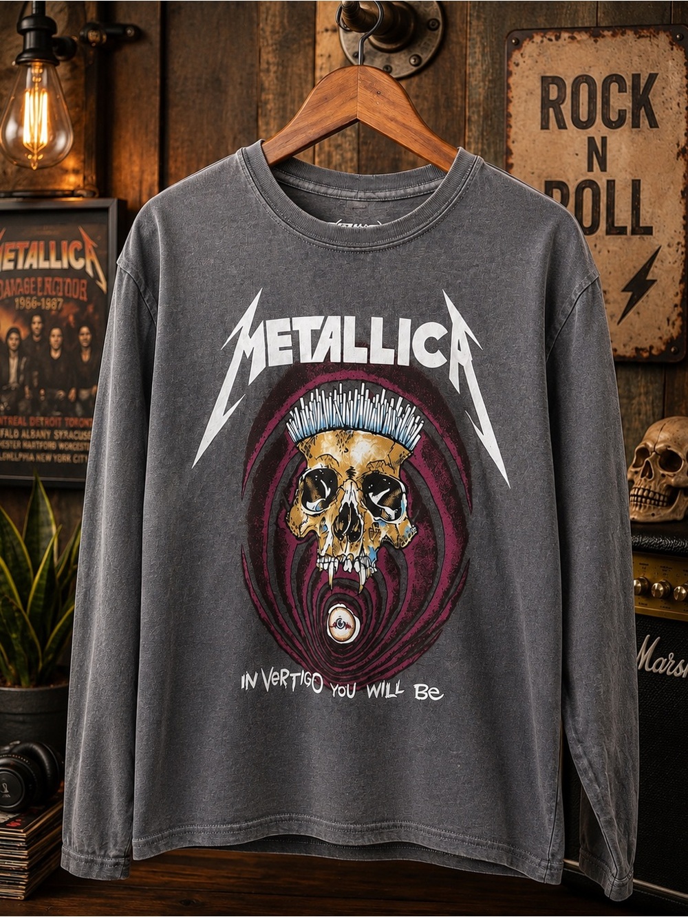 Men's Long Sleeve Graphic Tee - Charcoal Skull Design